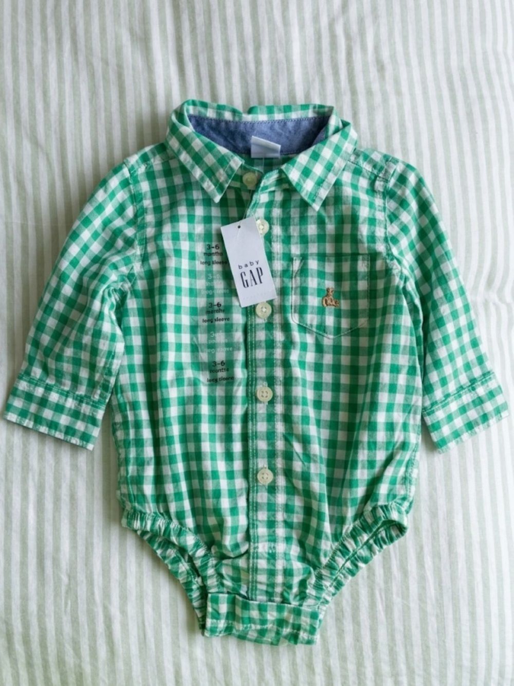 New Baby Gap Classic Emerald Green Gingham Long Sleeve Button Down Bodysuit 3-6M